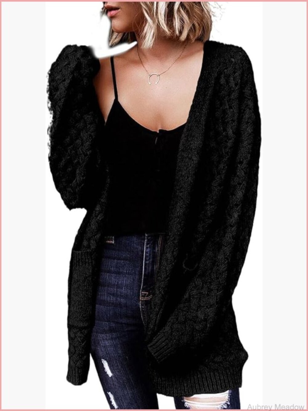 Open Front Chunky Cable Knit Cardigan Sweater with Pockets